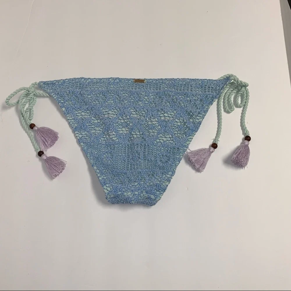 Victoria's Secret Size M Blue Crochet Lace Purple Tassels Bikini Swim Bottom